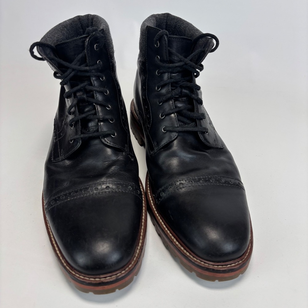 Johnston & Murphy Karnes Boot Mens 10 Black Leather Brogue Wingtip Lug Cap Toe